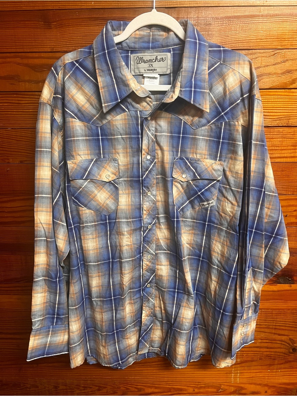 Wrangler Wrancher Mens 3X Western Shirt Blue Tan Plaid Pearl Snap Cowboy